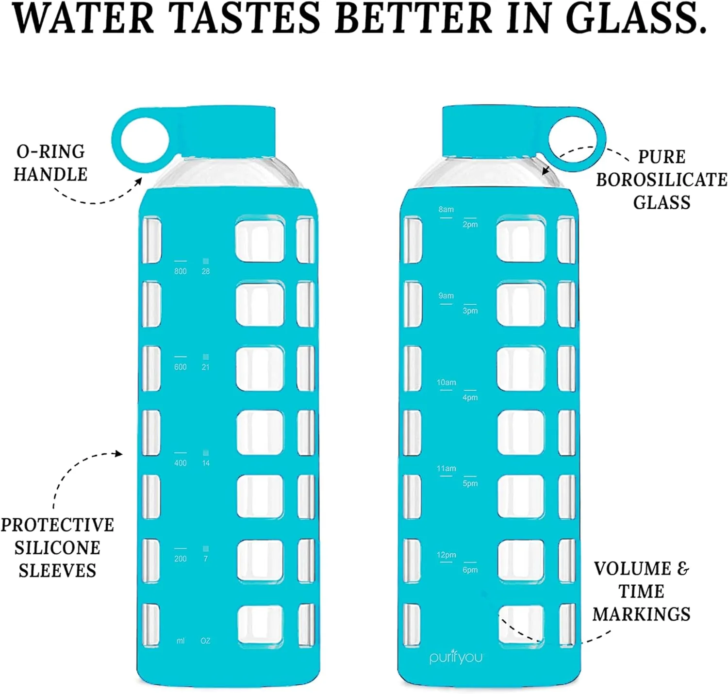 purifyou 40/32/22/12 oz Borosilicate Glass Water Bottles with Volume Markers, Silicone Sleeve, Stainless Steel Lid, Reusable Bottle for Water, Juice, Gym, and Fridge Storage (32oz Aqua Blue)