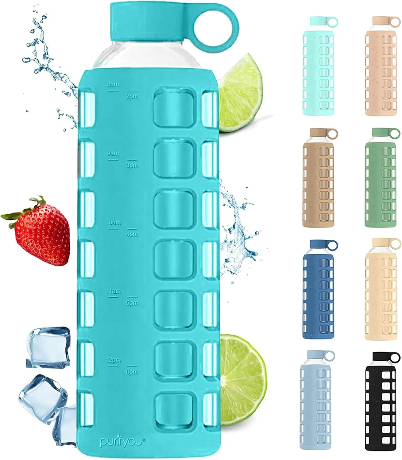 purifyou 40/32/22/12 oz Borosilicate Glass Water Bottles with Volume Markers, Silicone Sleeve, Stainless Steel Lid, Reusable Bottle for Water, Juice, Gym, and Fridge Storage (32oz Aqua Blue)