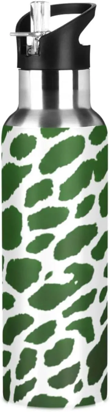 Qilmy Green Leopard Print Sport Water Bottle with Straw Lid Double Wall Vacuum Insulated Flask Stainless Steel Water Bottle 20 oz