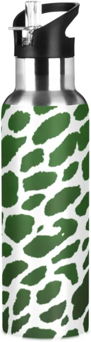 Qilmy Green Leopard Print Sport Water Bottle with Straw Lid Double Wall Vacuum Insulated Flask Stainless Steel Water Bottle 20 oz