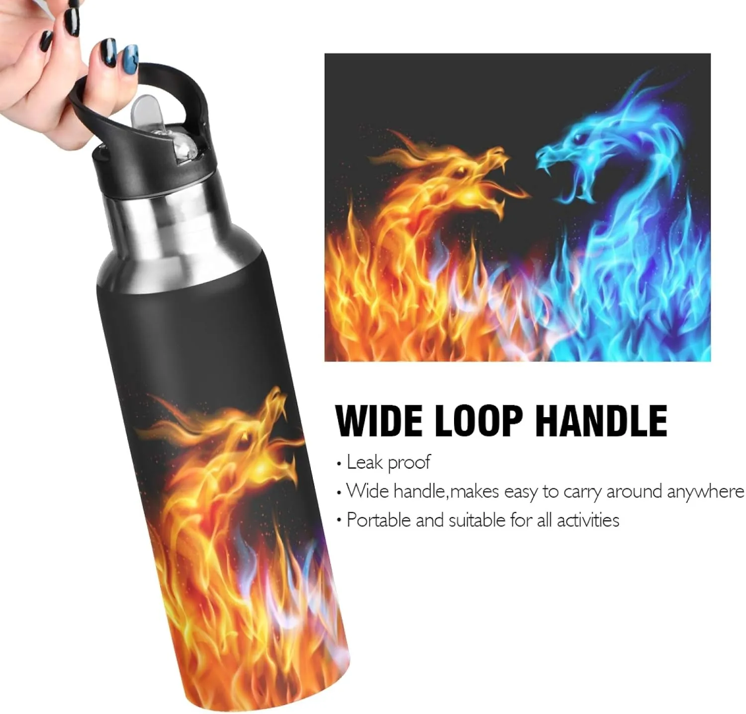 Qilmy Red Blue Dragon Sport Water Bottle with Straw Lid Double Wall Vacuum Insulated Flask Stainless Steel Water Bottle 20 oz