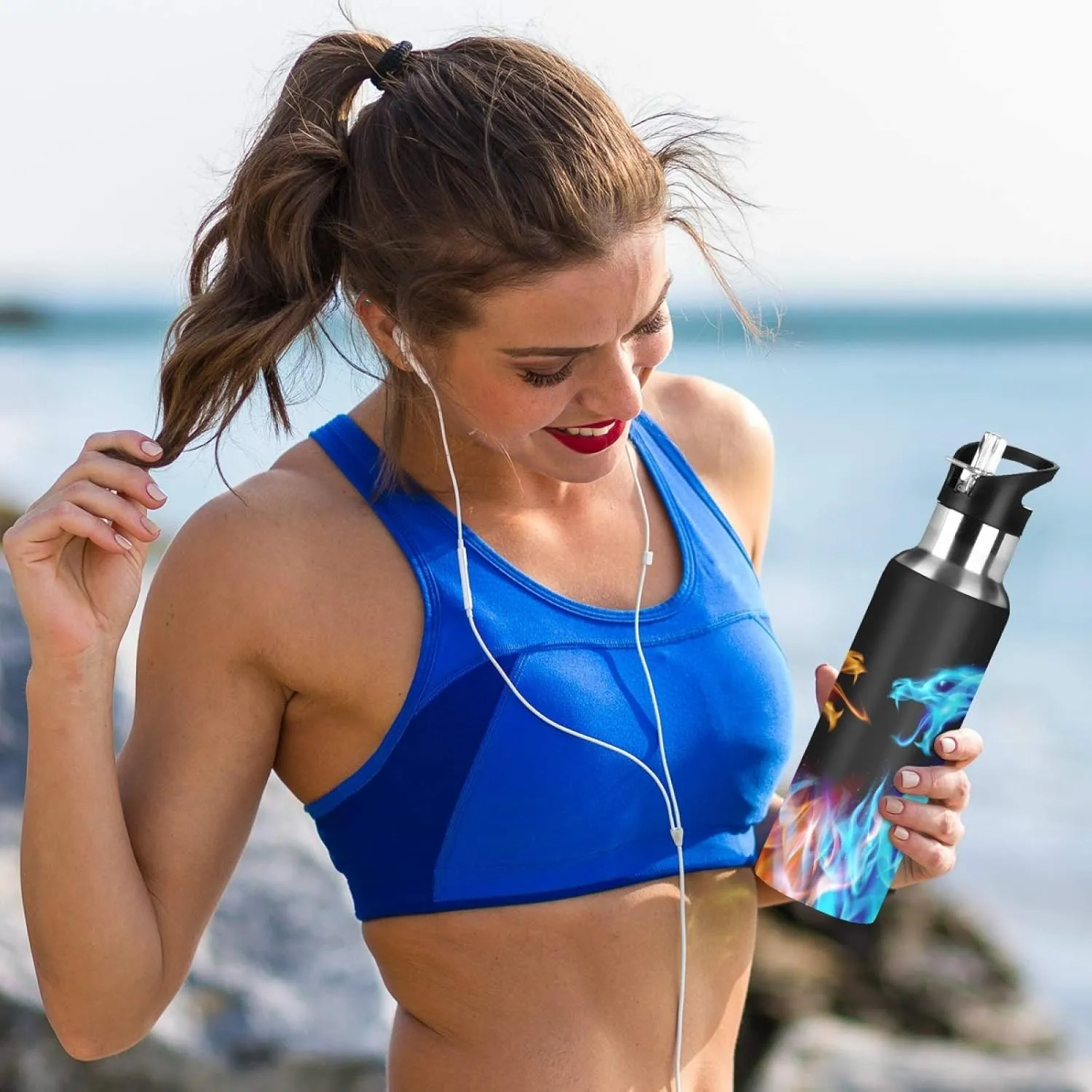Qilmy Red Blue Dragon Sport Water Bottle with Straw Lid Double Wall Vacuum Insulated Flask Stainless Steel Water Bottle 20 oz