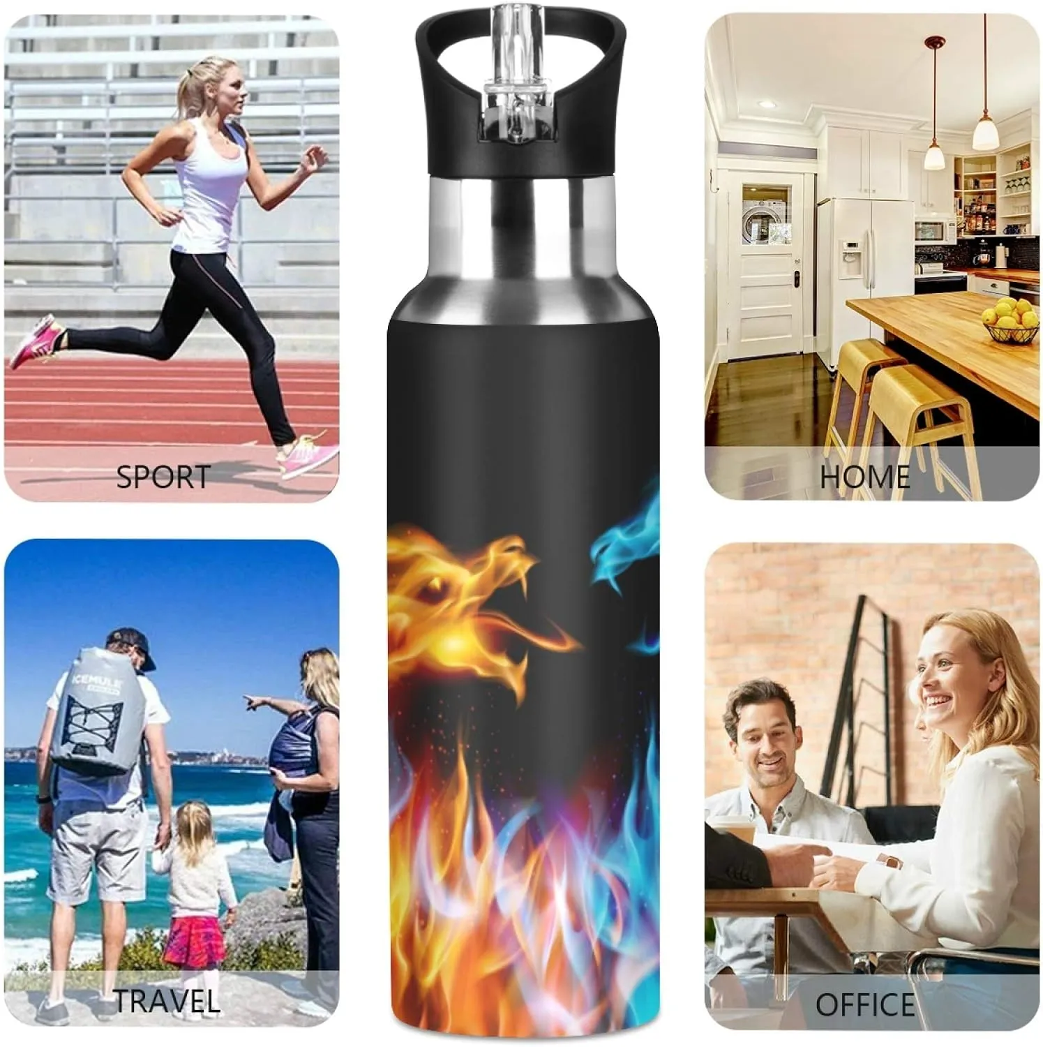 Qilmy Red Blue Dragon Sport Water Bottle with Straw Lid Double Wall Vacuum Insulated Flask Stainless Steel Water Bottle 20 oz