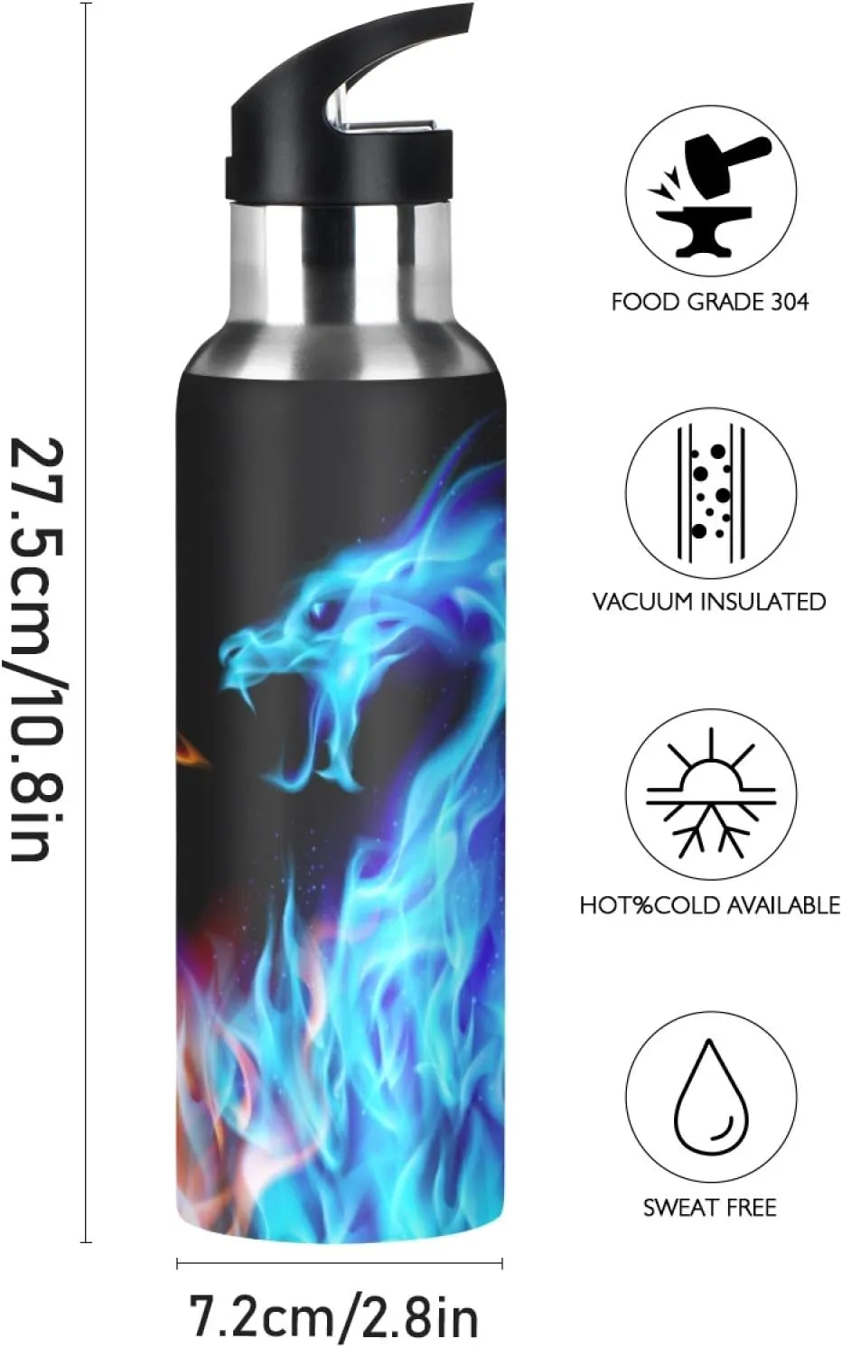 Qilmy Red Blue Dragon Sport Water Bottle with Straw Lid Double Wall Vacuum Insulated Flask Stainless Steel Water Bottle 20 oz