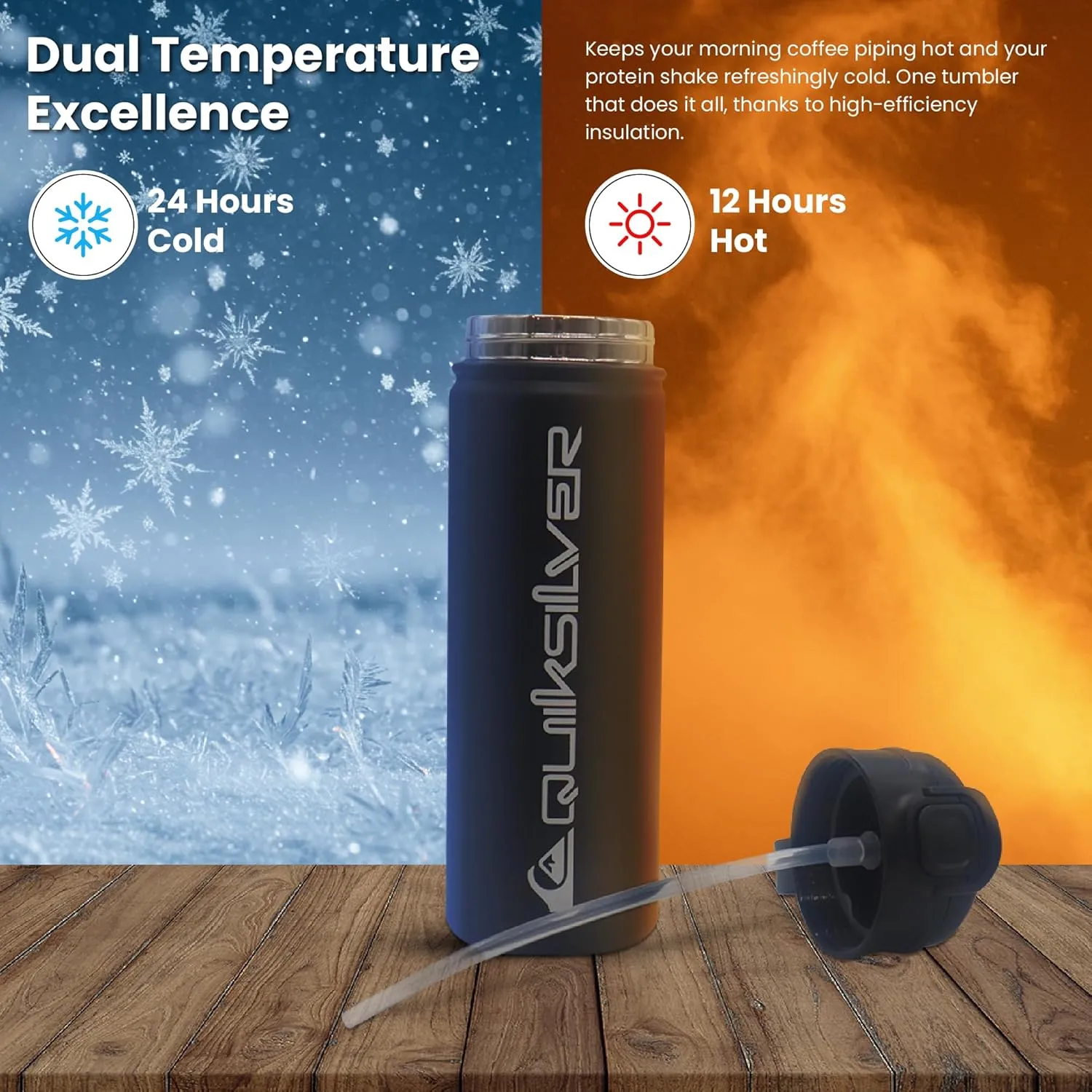 Quiksilver Insulated Stainless Steel Tumbler 32oz, Triple Wall Vacuum Sealed Travel Mug with Leak Proof Lid, Quick Straw & Chug Opening, Reusable Coffee Cup & Sports Water Bottle, 24Hr Cold / 12Hr Hot