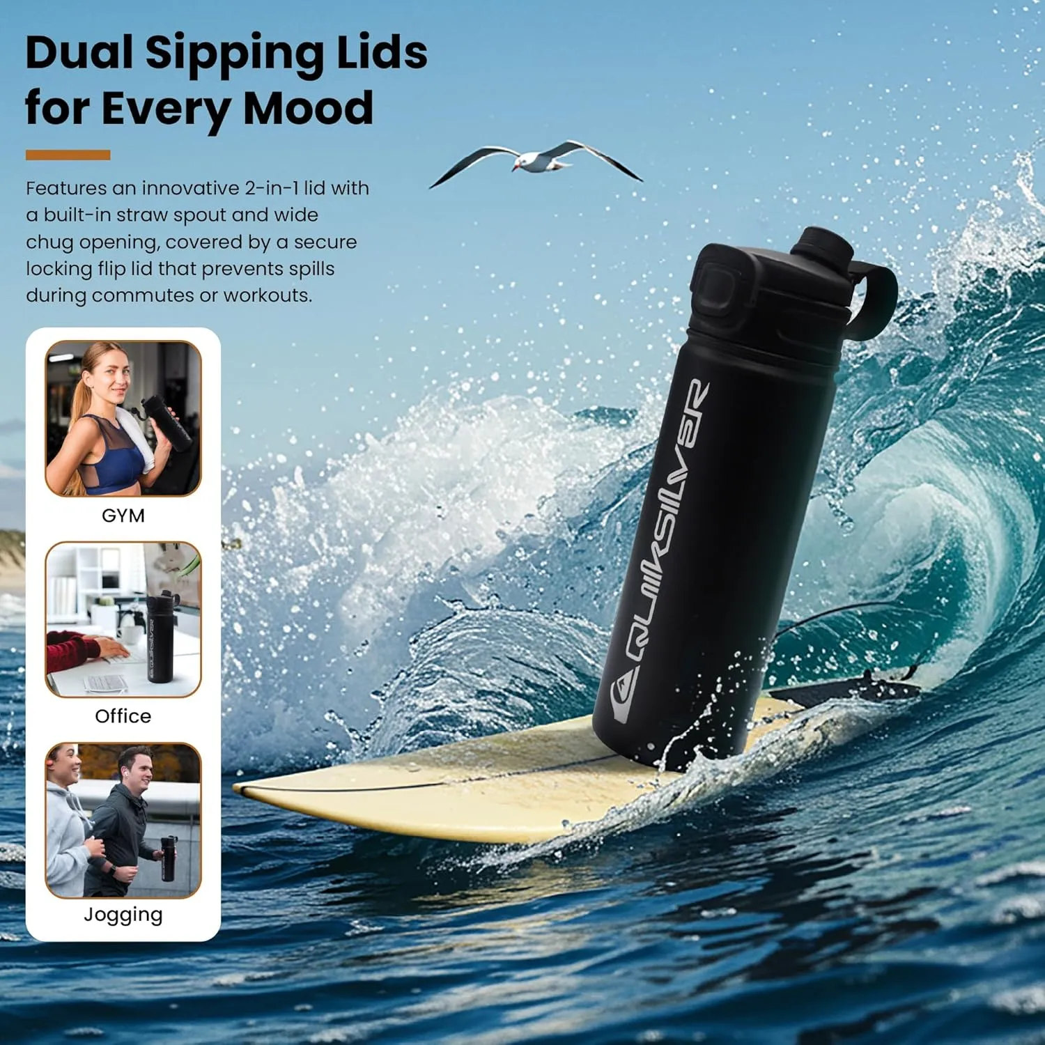 Quiksilver Insulated Stainless Steel Tumbler 32oz, Triple Wall Vacuum Sealed Travel Mug with Leak Proof Lid, Quick Straw & Chug Opening, Reusable Coffee Cup & Sports Water Bottle, 24Hr Cold / 12Hr Hot