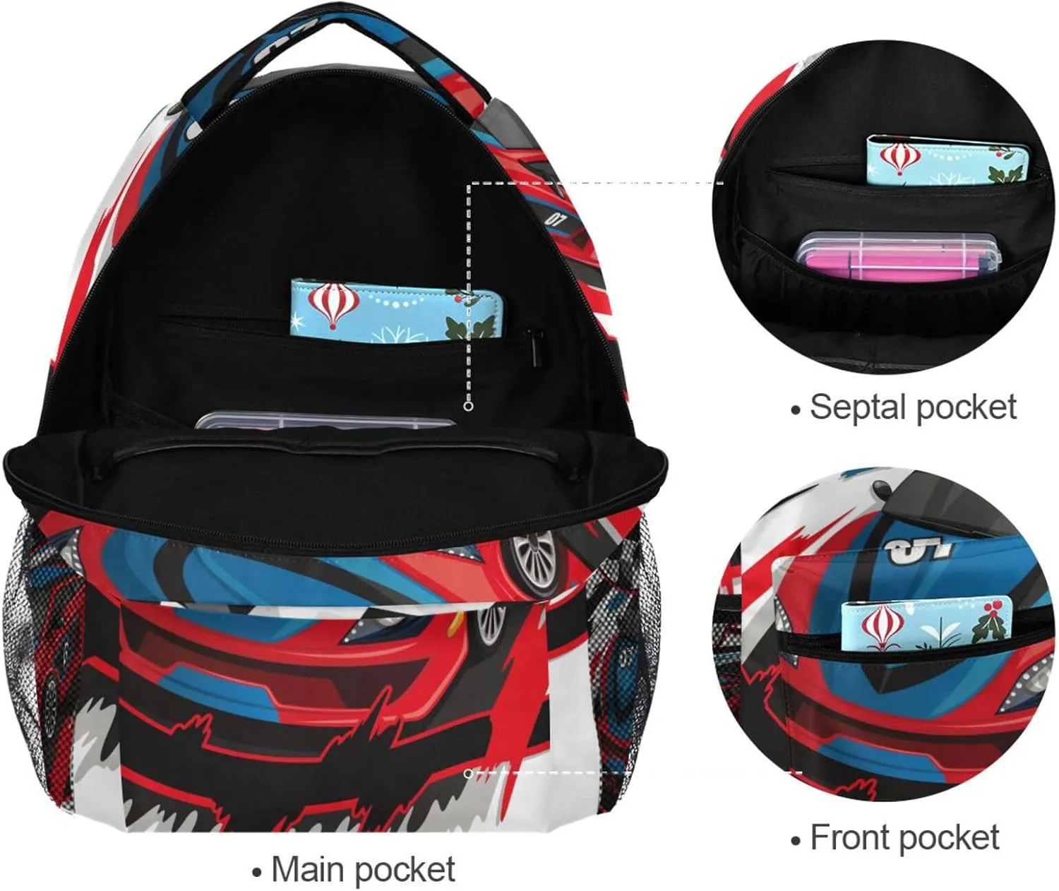 Racing Car with Checkered Flag Girls Boys Backpack Elementary Middle School Backpack Bookbag for Girls Boys Kids Teen Back to School Book Bag Gifts for 2nd 3rd 4th 5th 6th Grade Students