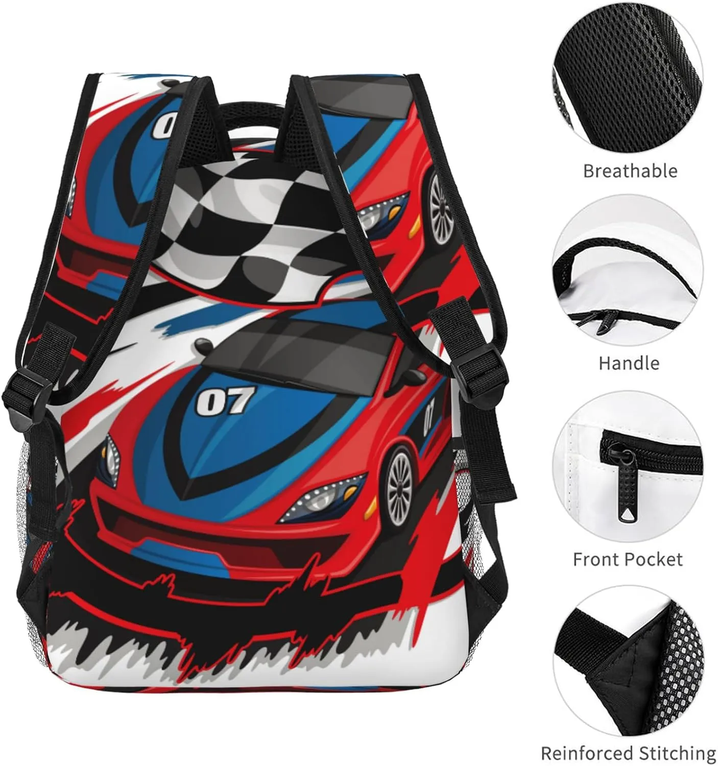Racing Car with Checkered Flag Girls Boys Backpack Elementary Middle School Backpack Bookbag for Girls Boys Kids Teen Back to School Book Bag Gifts for 2nd 3rd 4th 5th 6th Grade Students