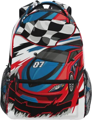 Racing Car with Checkered Flag Girls Boys Backpack Elementary Middle School Backpack Bookbag for Girls Boys Kids Teen Back to School Book Bag Gifts for 2nd 3rd 4th 5th 6th Grade Students