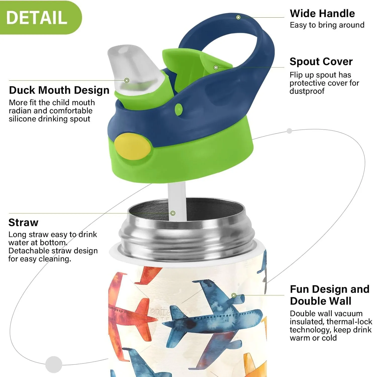 Rainbow Airplane Childish Doodle Kids Water Bottle with Straw Lid Insulated Tumbler with Handle Stainless Steel Reusable Toddlers Cup for Kids Boys 12 oz