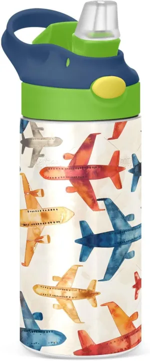 Rainbow Airplane Childish Doodle Kids Water Bottle with Straw Lid Insulated Tumbler with Handle Stainless Steel Reusable Toddlers Cup for Kids Boys 12 oz