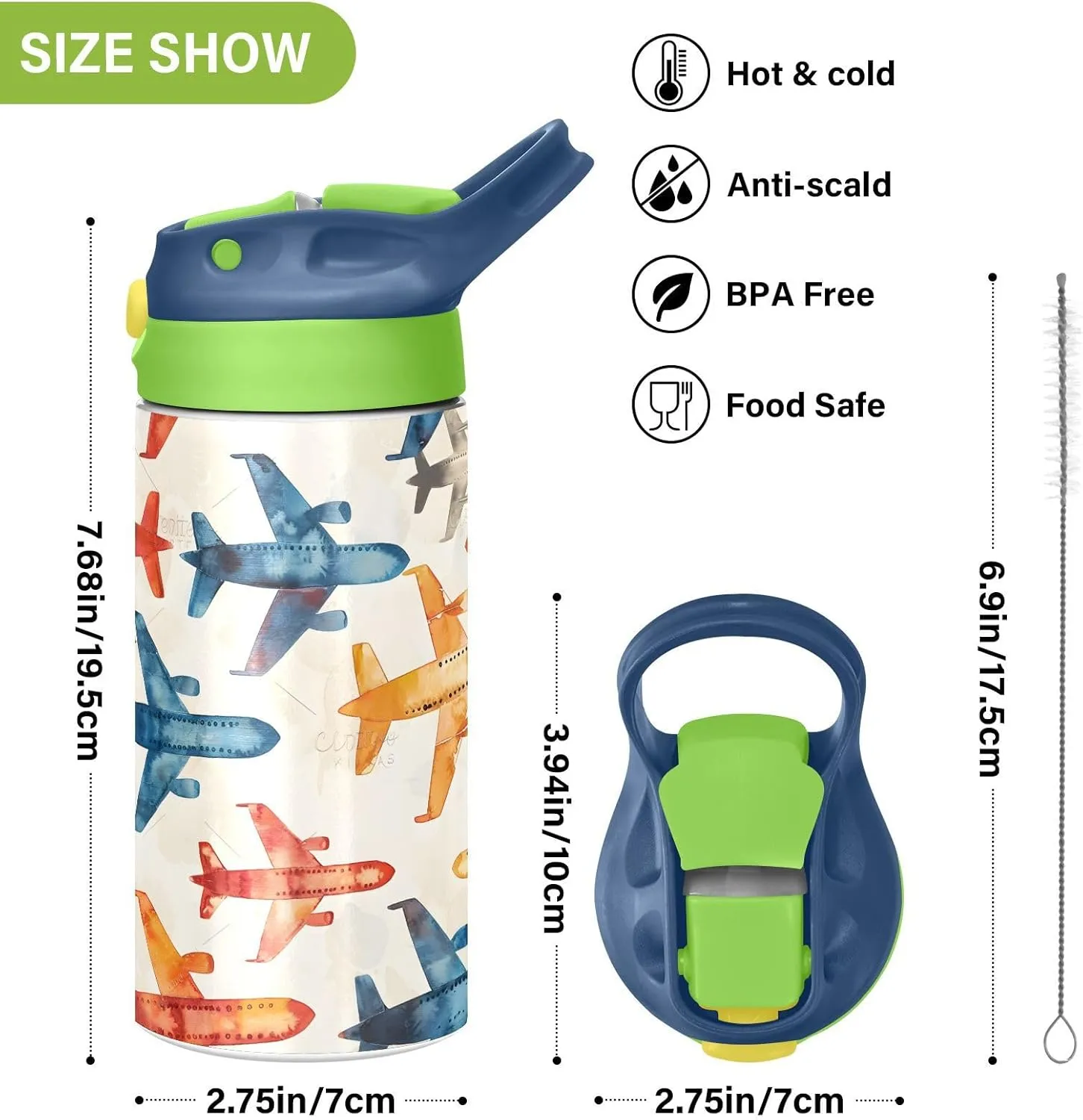 Rainbow Airplane Childish Doodle Kids Water Bottle with Straw Lid Insulated Tumbler with Handle Stainless Steel Reusable Toddlers Cup for Kids Boys 12 oz