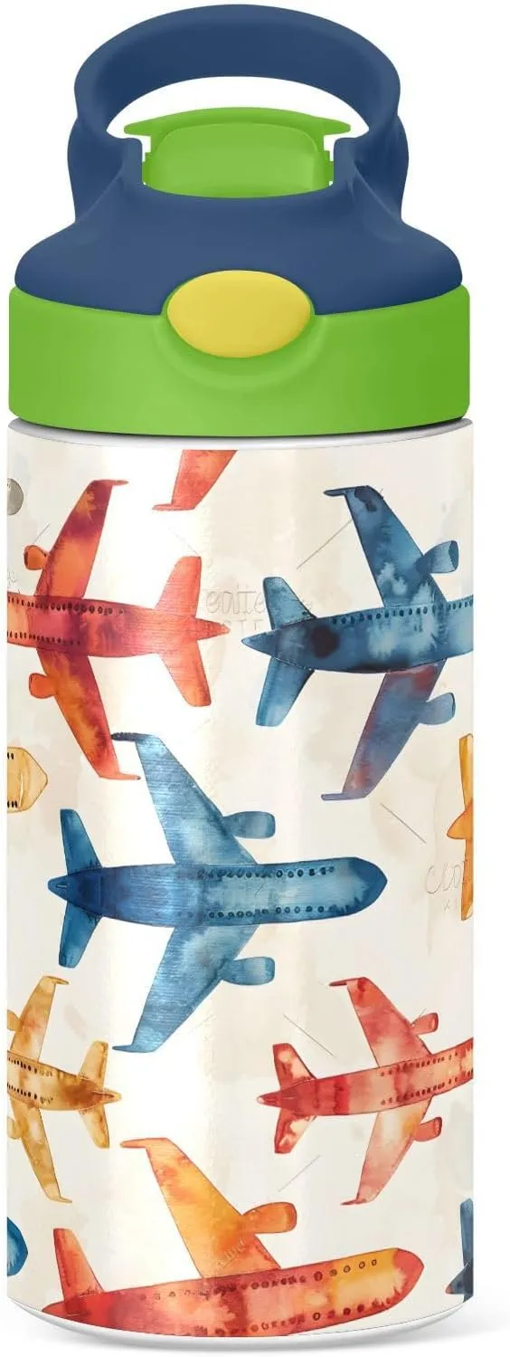 Rainbow Airplane Childish Doodle Kids Water Bottle with Straw Lid Insulated Tumbler with Handle Stainless Steel Reusable Toddlers Cup for Kids Boys 12 oz