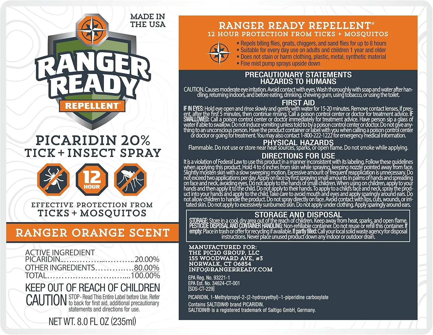 Ranger Ready Repellents Tick Spray and Insect Repellent, Picaridin 20% Bug Spray, Orange Scent, 8 Oz. (Pack of 3)