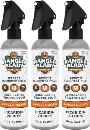 Ranger Ready Repellents Tick Spray and Insect Repellent, Picaridin 20% Bug Spray, Orange Scent, 8 Oz. (Pack of 3)