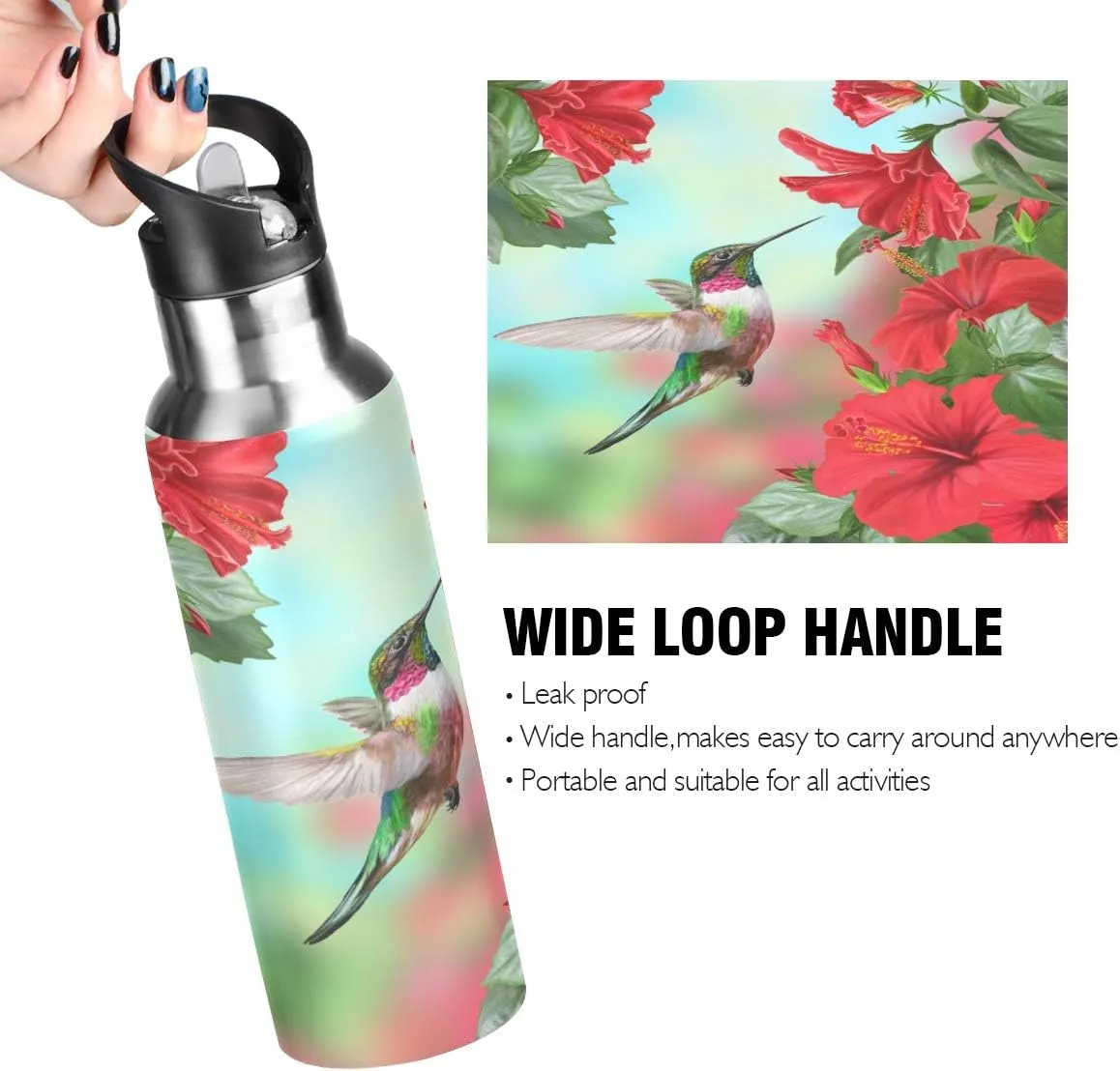 Red Hibiscus Flower Hummingbird Sports Water Bottle, 22 Oz BPA Free Non-Toxic Stainless Steel Water Bottle with Straw for Gym Yoga Fitness Camping