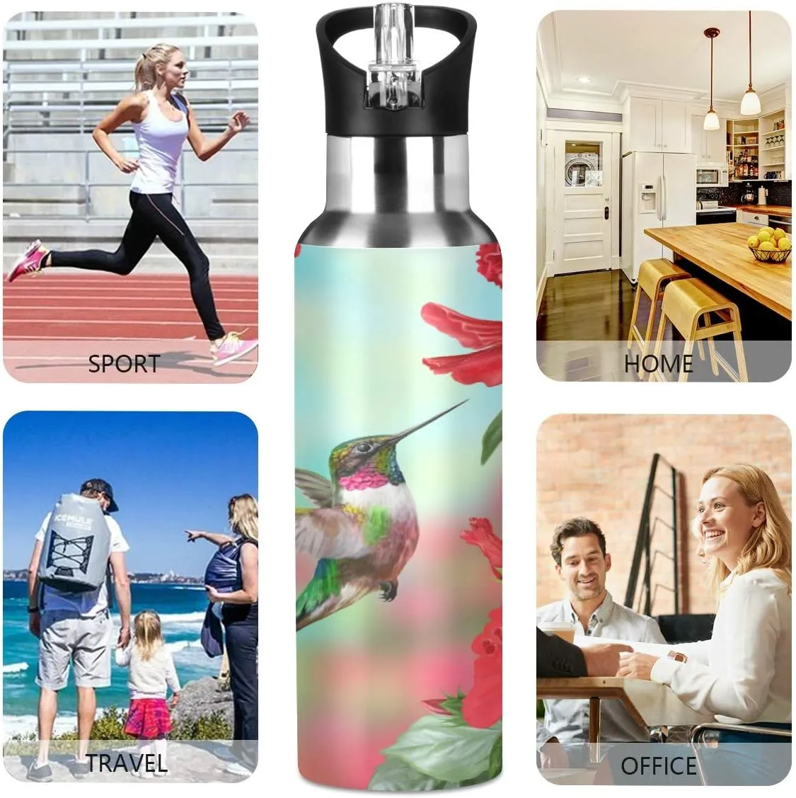 Red Hibiscus Flower Hummingbird Sports Water Bottle, 22 Oz BPA Free Non-Toxic Stainless Steel Water Bottle with Straw for Gym Yoga Fitness Camping
