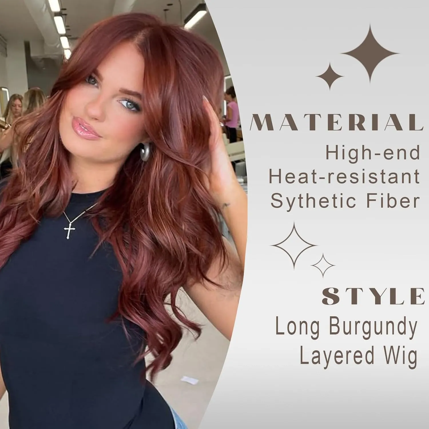 Red Layered Wavy Wig with Curtain Bangs for Black White Women Synthetic Long Burgundy Layered Wig Natural Looking Synthetic Heat Resistant Wigs for Daily Party UseButterfly Haircut Wigs(BUG)