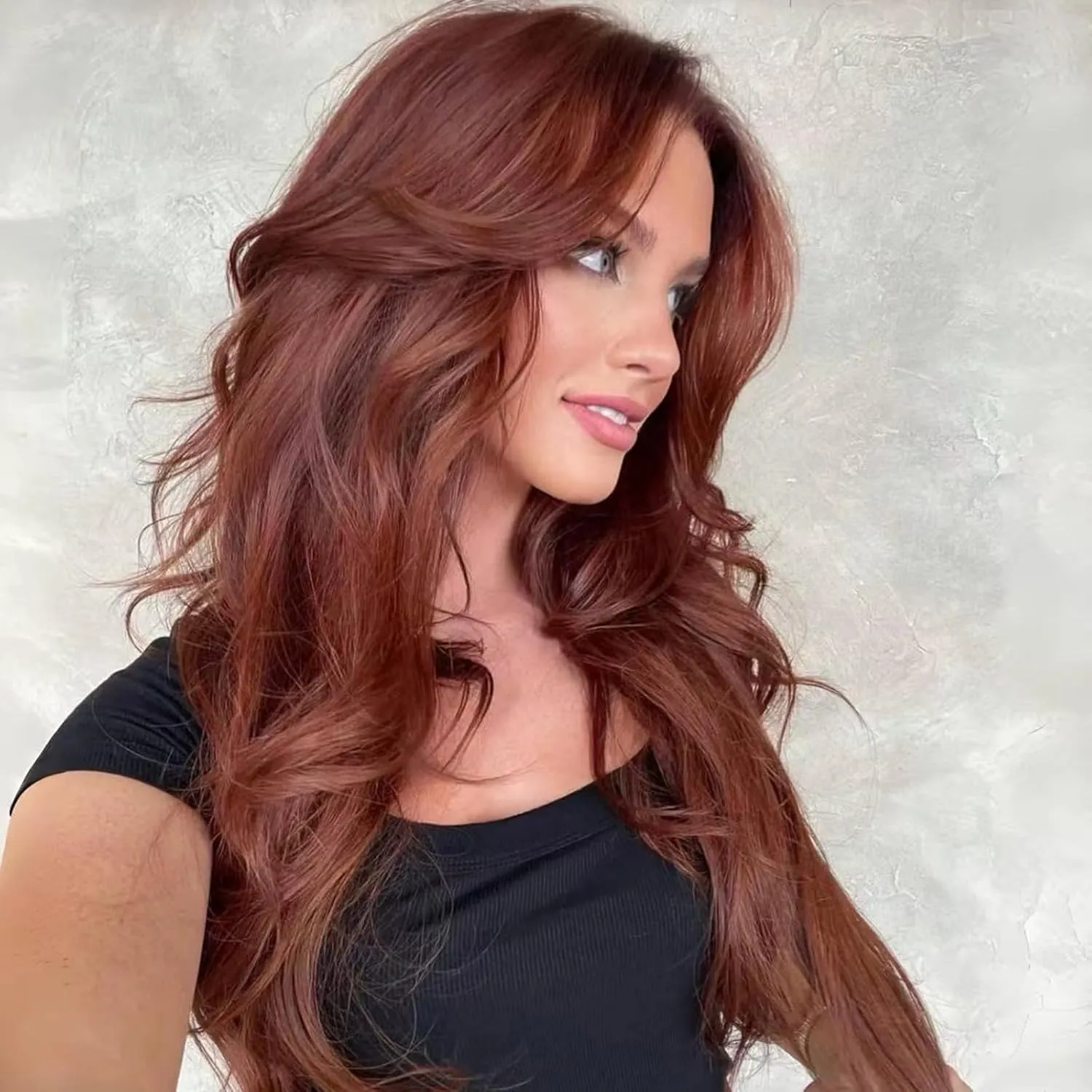 Red Layered Wavy Wig with Curtain Bangs for Black White Women Synthetic Long Burgundy Layered Wig Natural Looking Synthetic Heat Resistant Wigs for Daily Party UseButterfly Haircut Wigs(BUG)