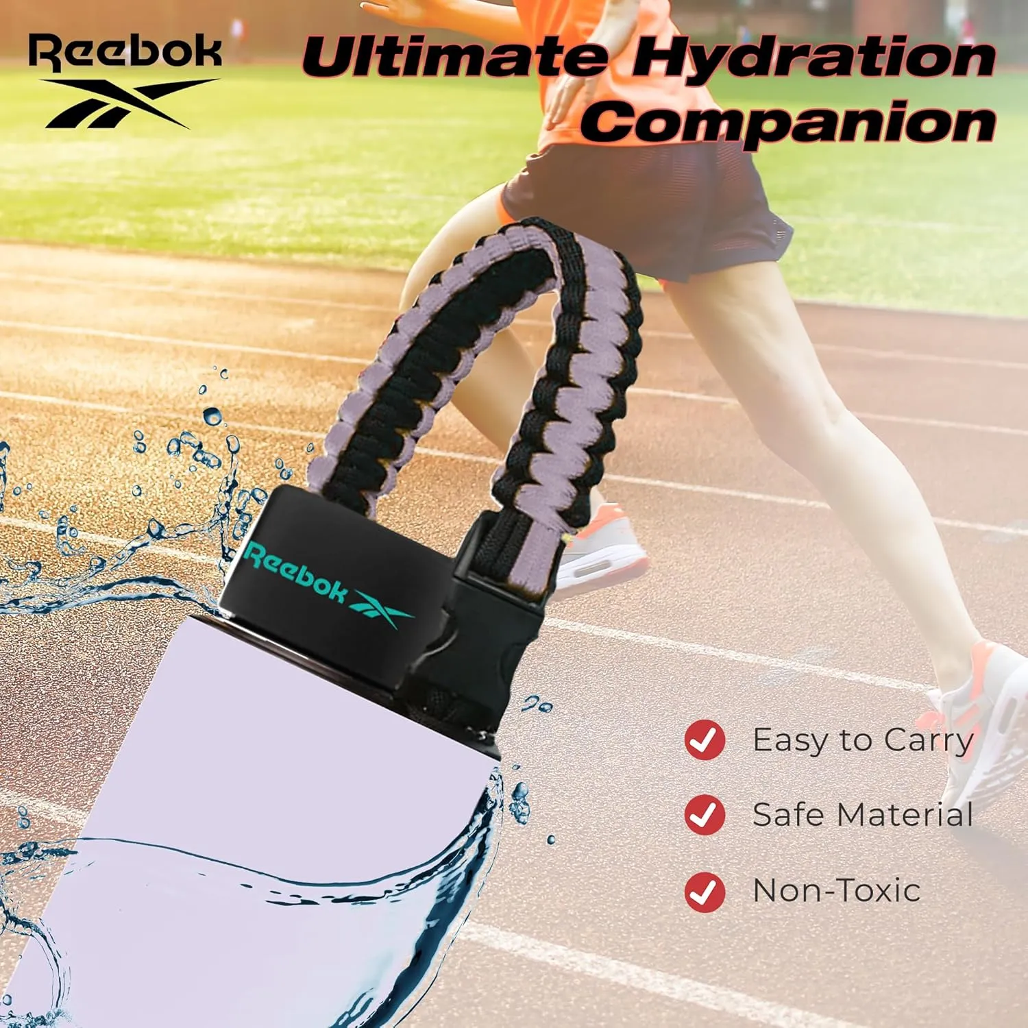 Reebok Stainless Steel Sports Water Bottle | Double Wall Vacuum Insulated, Leakproof, BPA Free with Paracord Handle | Ideal for Work, Travel, Outdoor, Gym (Pack of 1, 32 oz., Purple)
