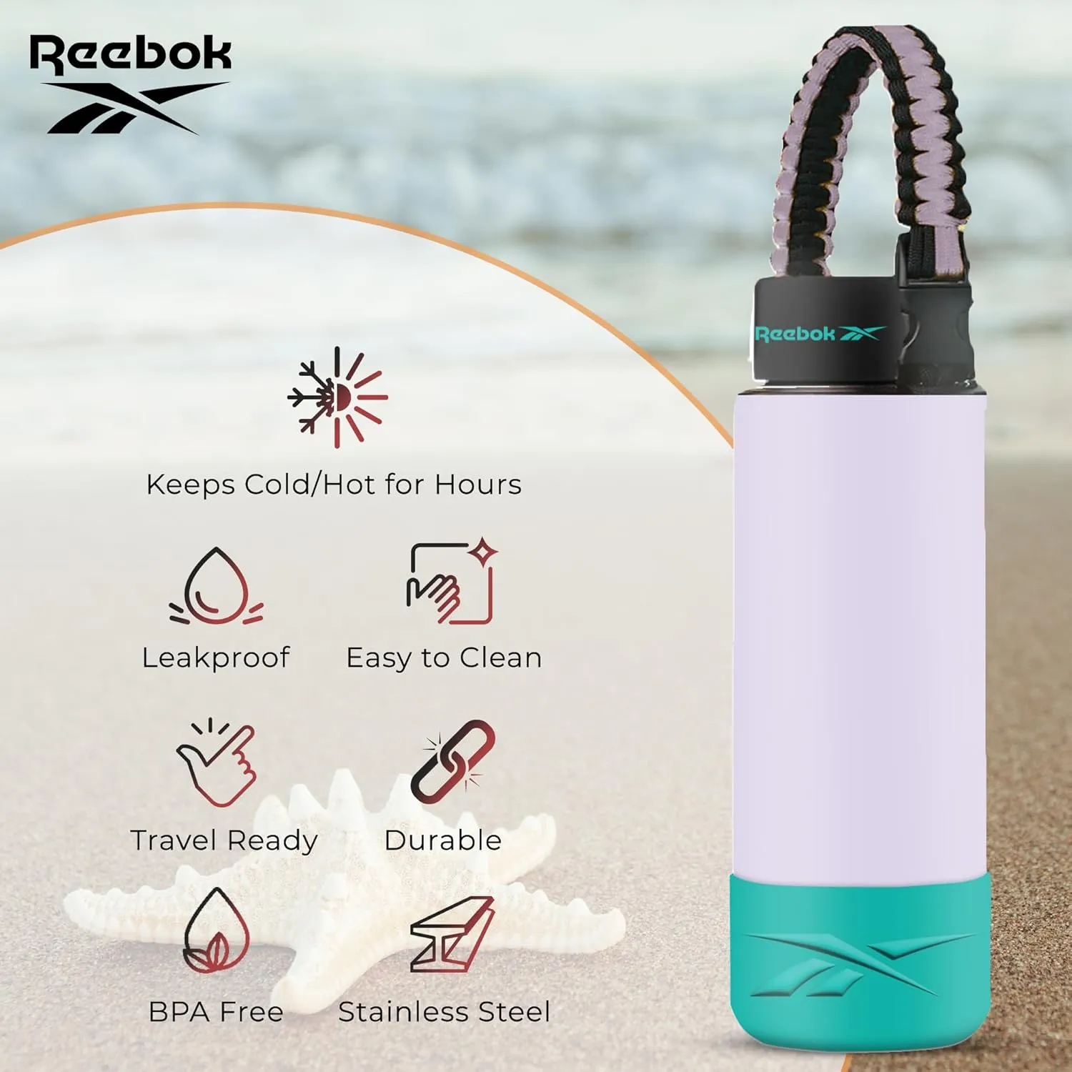 Reebok Stainless Steel Sports Water Bottle | Double Wall Vacuum Insulated, Leakproof, BPA Free with Paracord Handle | Ideal for Work, Travel, Outdoor, Gym (Pack of 1, 32 oz., Purple)