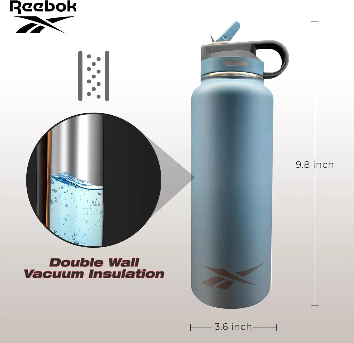 Reebok Stainless Steel Water Bottle With Straw & Athletic Design - Insulated Water Bottles 32 oz - Double Wall Vacuum Insulated Sports Water Bottle With Straw, BPA Free (Blue)