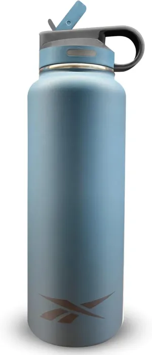 Reebok Stainless Steel Water Bottle With Straw & Athletic Design - Insulated Water Bottles 32 oz - Double Wall Vacuum Insulated Sports Water Bottle With Straw, BPA Free (Blue)