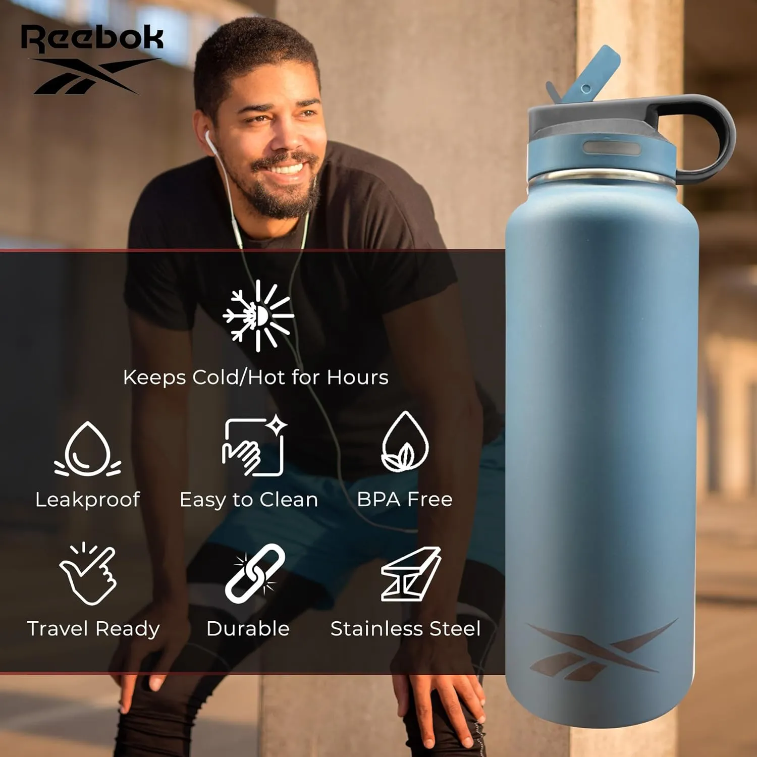 Reebok Stainless Steel Water Bottle With Straw & Athletic Design - Insulated Water Bottles 32 oz - Double Wall Vacuum Insulated Sports Water Bottle With Straw, BPA Free (Blue)