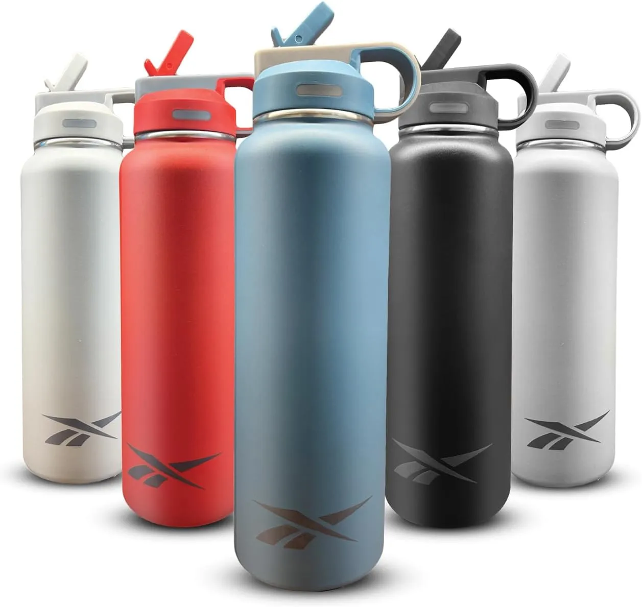 Reebok Stainless Steel Water Bottle With Straw & Athletic Design - Insulated Water Bottles 32 oz - Double Wall Vacuum Insulated Sports Water Bottle With Straw, BPA Free (Blue)