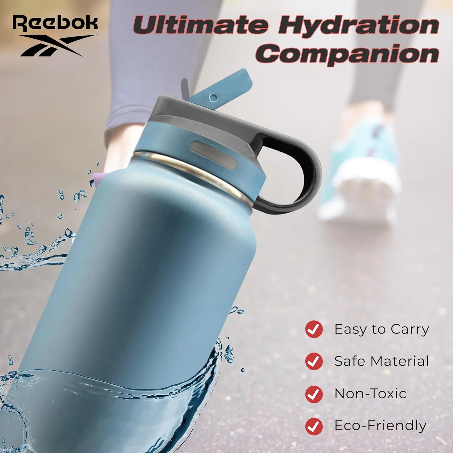 Reebok Stainless Steel Water Bottle With Straw & Athletic Design - Insulated Water Bottles 32 oz - Double Wall Vacuum Insulated Sports Water Bottle With Straw, BPA Free (Blue)