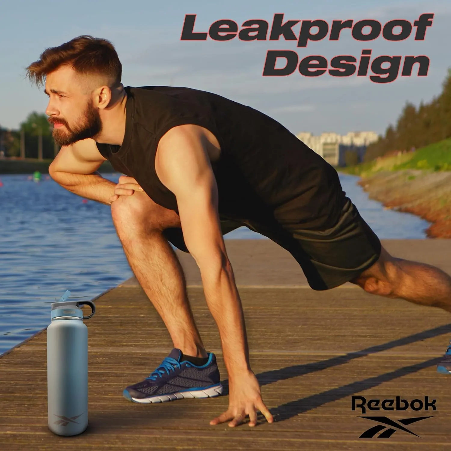 Reebok Stainless Steel Water Bottle With Straw & Athletic Design - Insulated Water Bottles 32 oz - Double Wall Vacuum Insulated Sports Water Bottle With Straw, BPA Free (Blue)