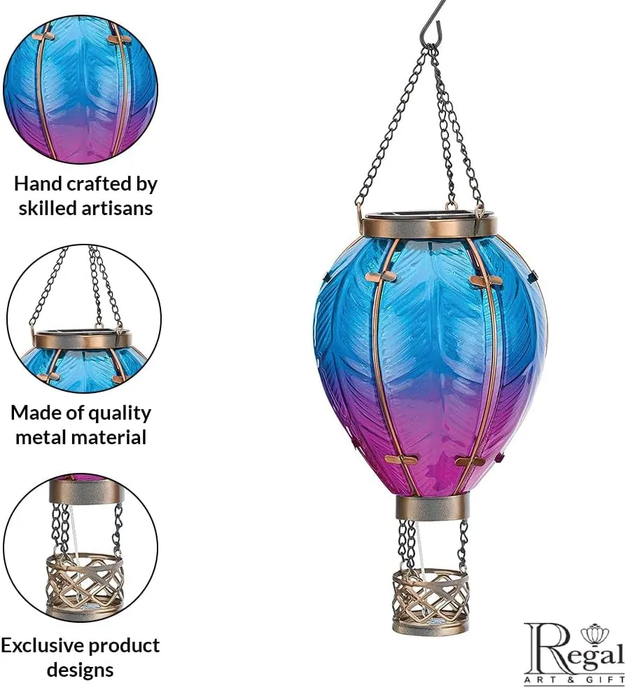 Regal Art & Gift Hot Air Balloon Solar Lantern – Hanging Solar-Powered LED Lights, Waterproof Portable Decorative Outdoor Lamp Made of Metal & Glass for Garden, Patios & Pathway – Blue (Small)