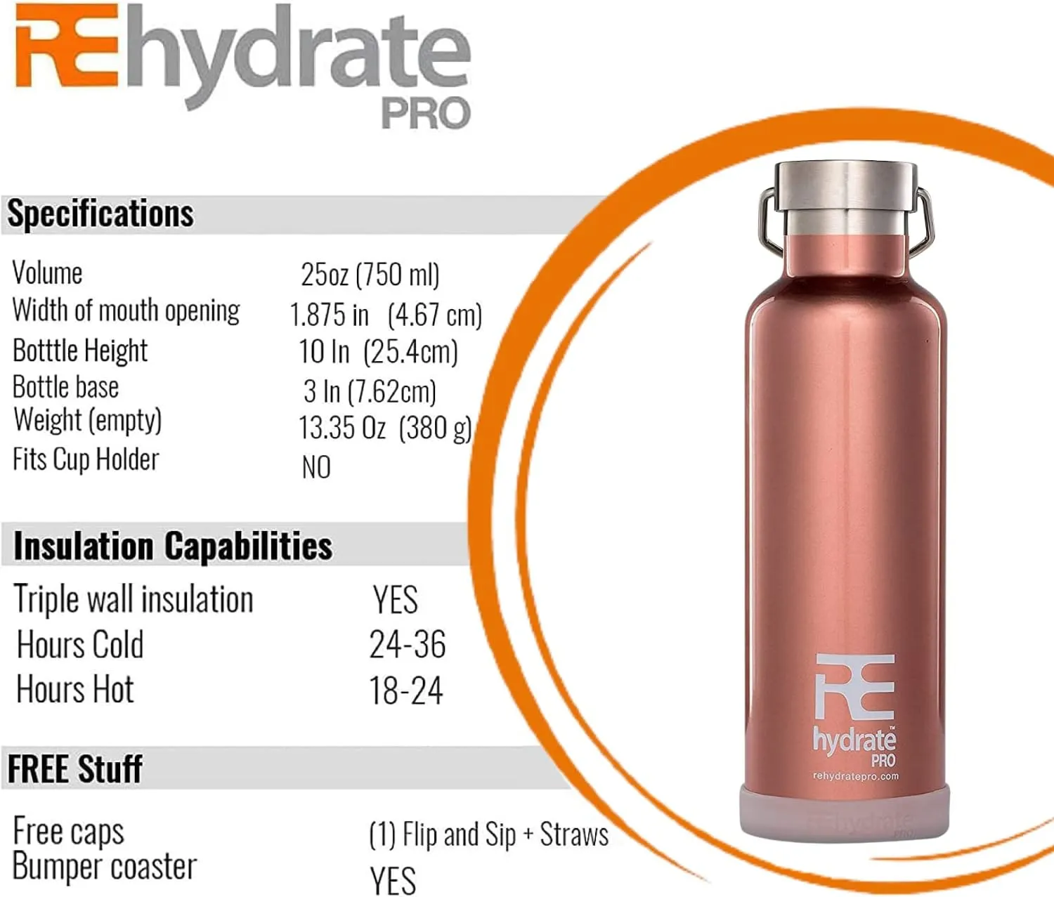 Rehydrated Pro 25oz Insulated Water Bottle with Straw, Bonus Lids and Leak Proof Flask to Keep Liquids Hot or Cold- Triple Wall Vacuum Water Bottle Insulated, Perfect for Gifts