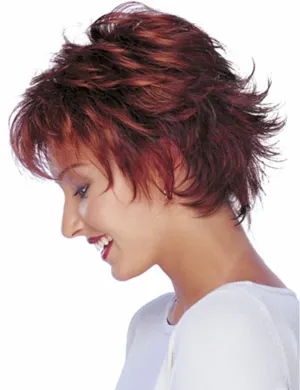 RENERSHOW Short Red Pixie Cut Wavy Wigs for White Women with Bangs Burgundy Highlight Synthetic Wig 6 Inch