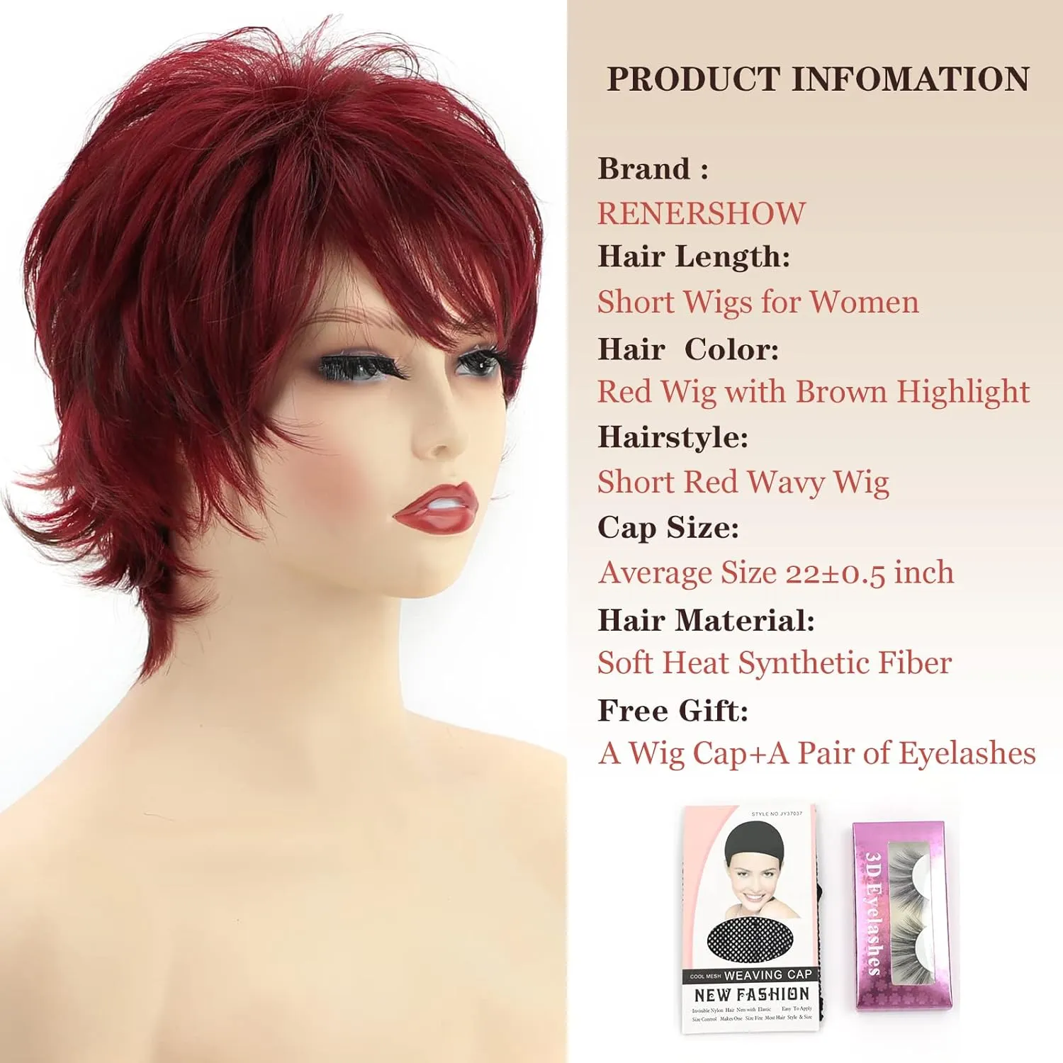 RENERSHOW Short Red Pixie Cut Wavy Wigs for White Women with Bangs Burgundy Highlight Synthetic Wig 6 Inch
