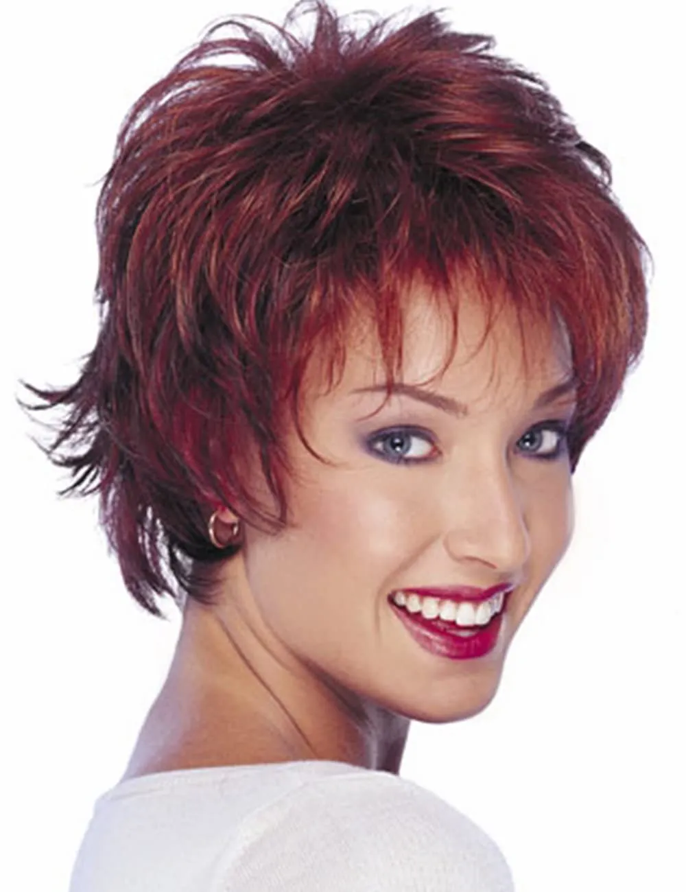 RENERSHOW Short Red Pixie Cut Wavy Wigs for White Women with Bangs Burgundy Highlight Synthetic Wig 6 Inch