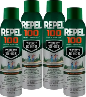 Repel 100 Insect Repellent, 4 Ounces, 98% DEET 10-Hour Protection Lon-Lasting Insect Repellent Aerosol Spray Repels Mosquitoes, Ticks, Gnats, Biting Flies, Chiggers and Fleas (Pack of 4)