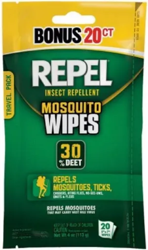 Repel 94100 Sportsmen 30-Percent Deet Mosquito Repellent Wipes, 2 Packs of 20 Count - 40 Total!