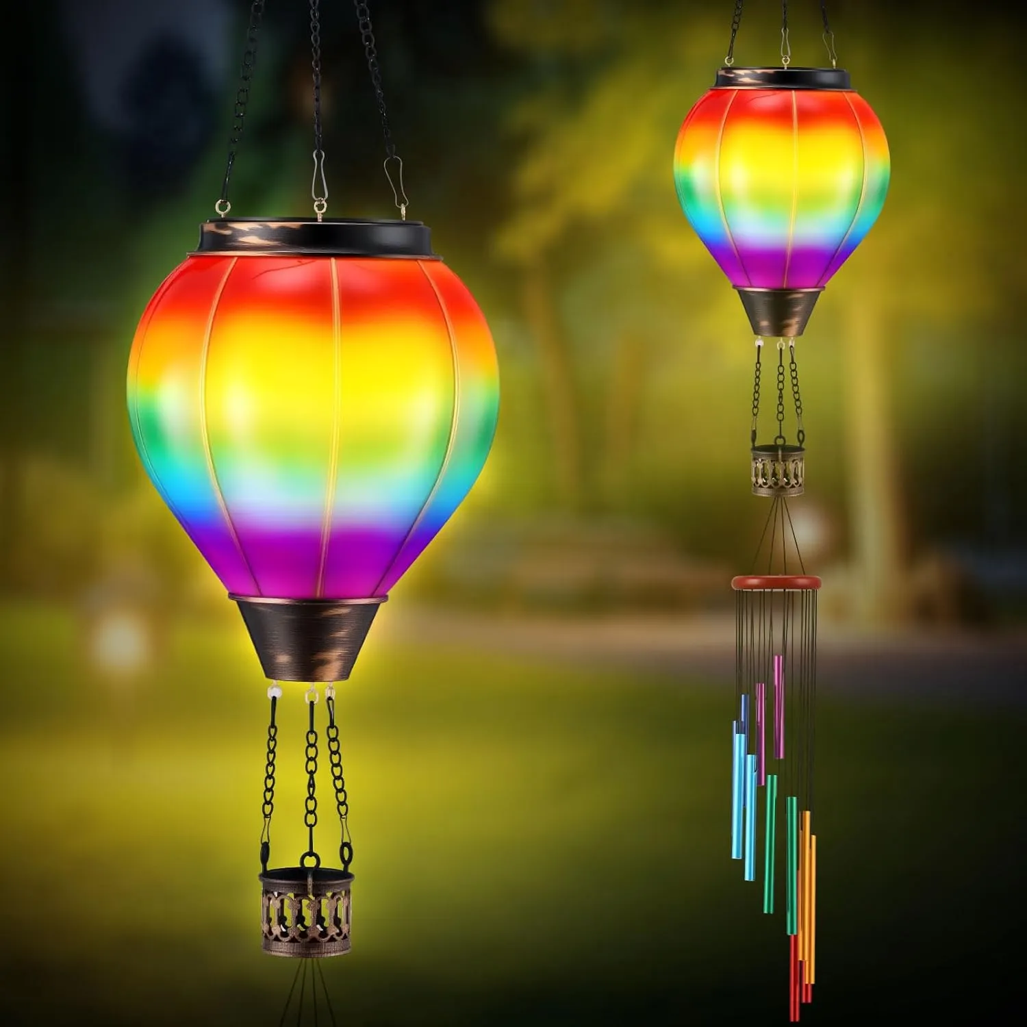 Retisee Hot Air Balloon Solar Lantern with Flickering Flame Solar Wind Chimes for Outside, Waterproof Hanging Lights Detachable Outdoor Windchimes Gifts for Mom Grandma Her Him Garden Yard Tree Decor