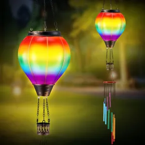 Retisee Hot Air Balloon Solar Lantern with Flickering Flame Solar Wind Chimes for Outside, Waterproof Hanging Lights Detachable Outdoor Windchimes Gifts for Mom Grandma Her Him Garden Yard Tree Decor