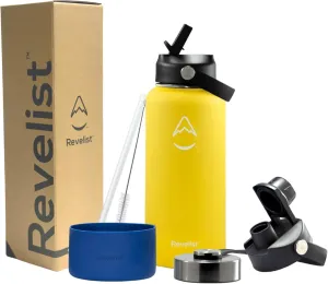 Revelist Sports Water Bottle - 32 Oz, 3 Lids (Straw Lid, Spout & Screw Top) with Boot, Vacuum Insulated Stainless Steel, Double Walled, Reusable Water Flask, Metal Canteen - Yellow & Blue