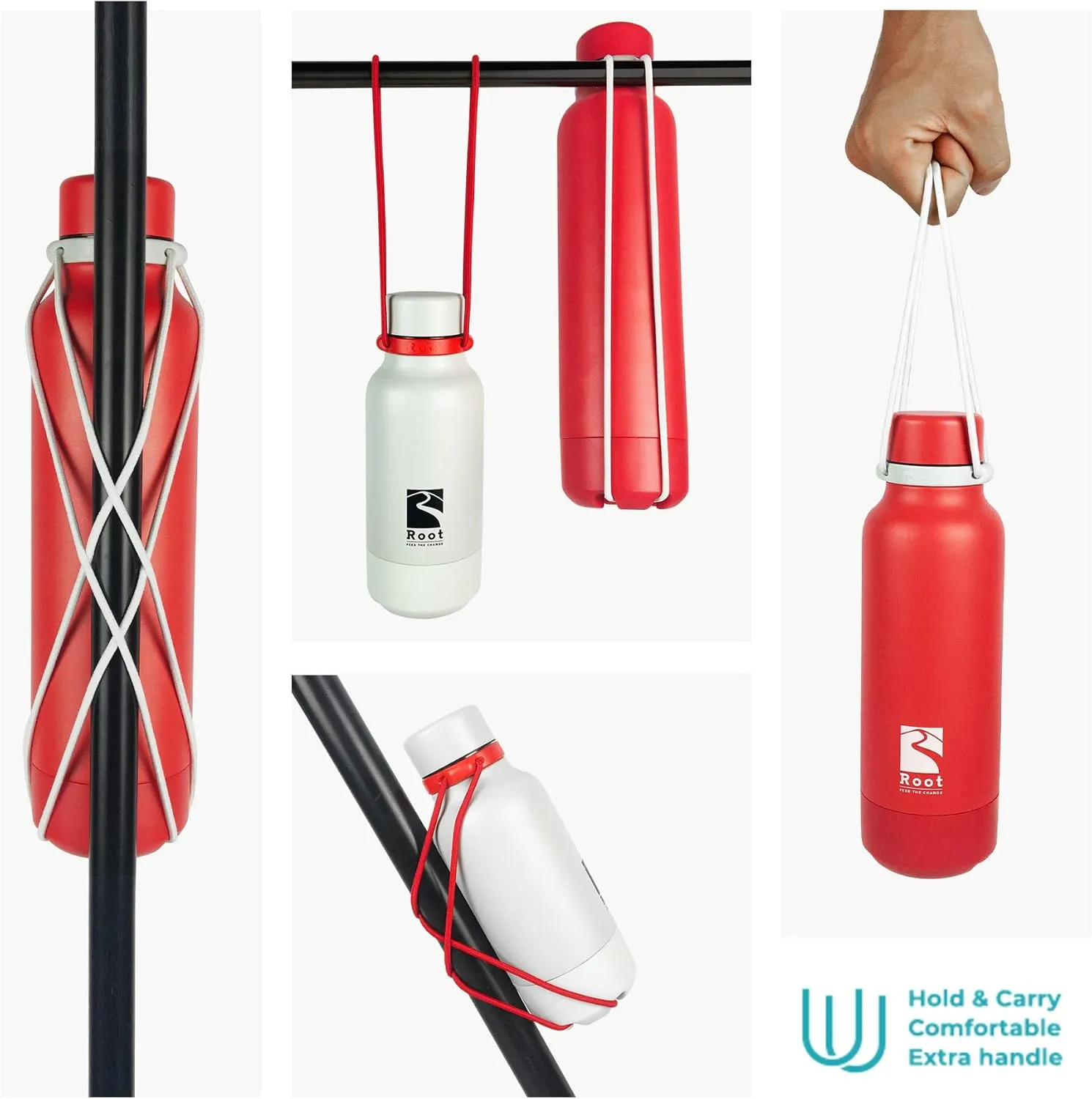 Root FTC Bottle Thermal Flask Stainless Steel Double Wall, Anti Drop Cap, Shockproof Bottom, Bungee Cords, 530 ml, 700 ml and 940 ml - Hot (20h) / Cold (24h)