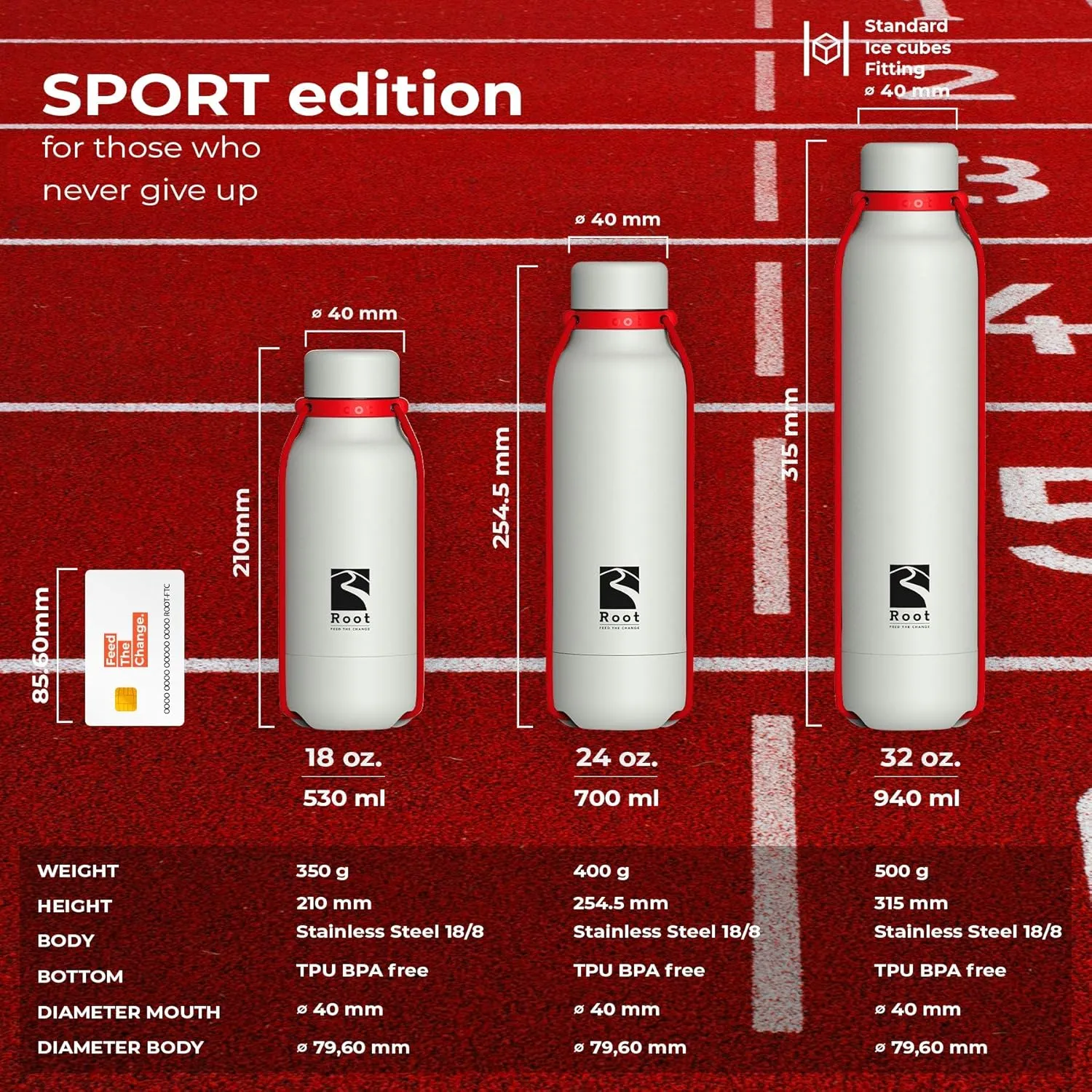 Root FTC Bottle Thermal Flask Stainless Steel Double Wall, Anti Drop Cap, Shockproof Bottom, Bungee Cords, 530 ml, 700 ml and 940 ml - Hot (20h) / Cold (24h)
