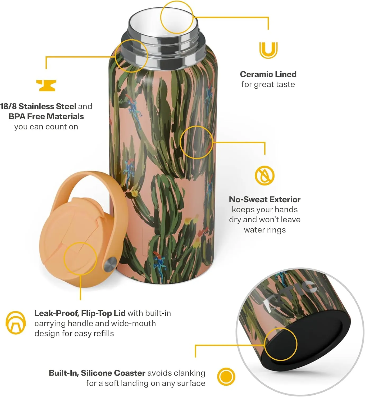 RTIC 32 oz Ceramic Lined Insulated Outback Bottle, Leak Resistant, Desert Cactus