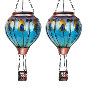 Rynx | Ouisjyer 2Pc Hot Air Balloon Solar Lantern With 2Pc Shepherd's Hook, Flaming Hanging Solar Lights Outdoor Waterproof Lanterns For Garden Terrace Farm Party Decor (Peacock Feather Blue)
