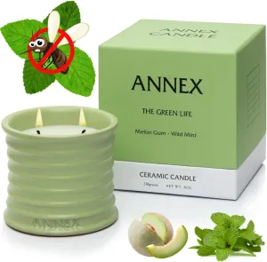 Scented Luxury Candles Outdoor Mosquito Bug Repellent Ceramic Jars, Soy Wax | The Green Life, Large Natural Candle - Green Melon & Peppermint | Non Toxic, 2 Wicks, Reusable Jar