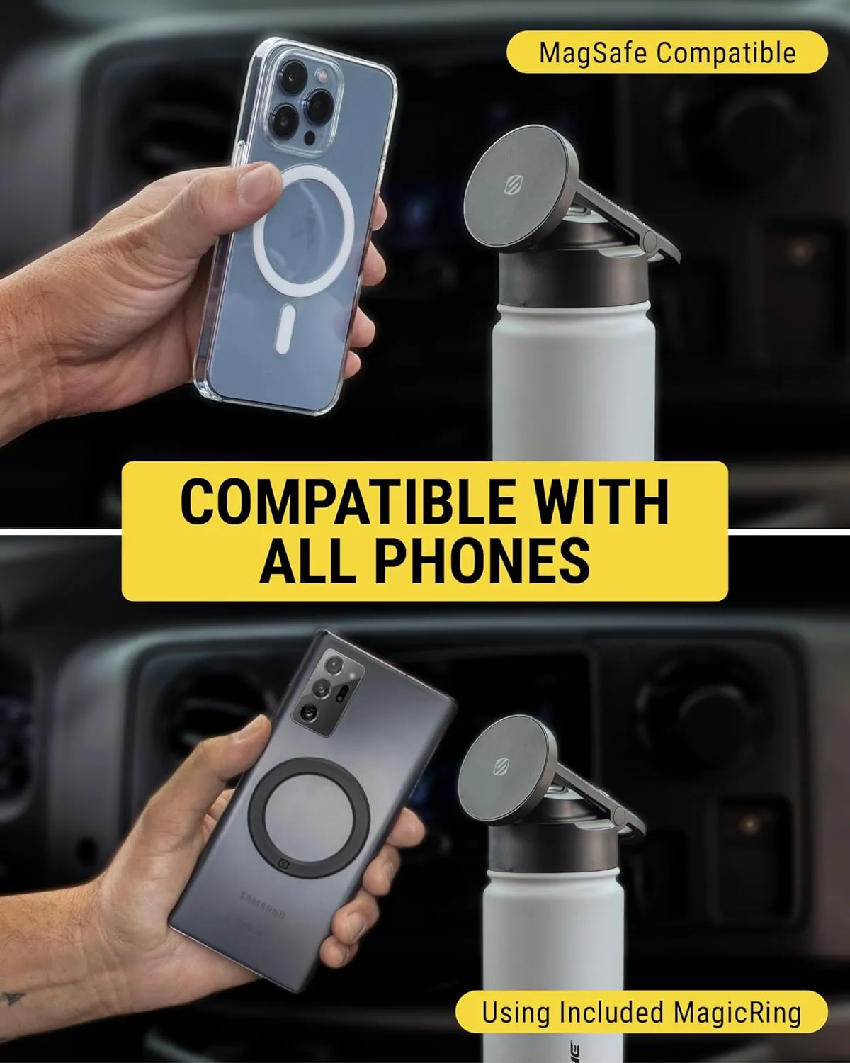 Scosche MFMS32 MagicMount Flask 32 oz Stainless Steel Water Bottle with MagSafe Phone Mount Stand, 12H Hot & 24H Cold, Insulated Flask with Magnetic Phone Holder for Gym, Travel, Sports, 32oz White