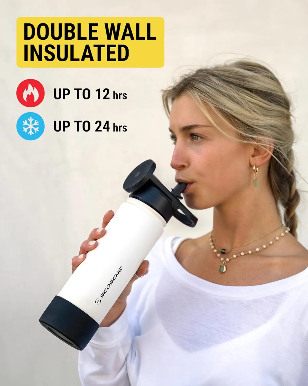 Scosche MFMS32 MagicMount Flask 32 oz Stainless Steel Water Bottle with MagSafe Phone Mount Stand, 12H Hot & 24H Cold, Insulated Flask with Magnetic Phone Holder for Gym, Travel, Sports, 32oz White