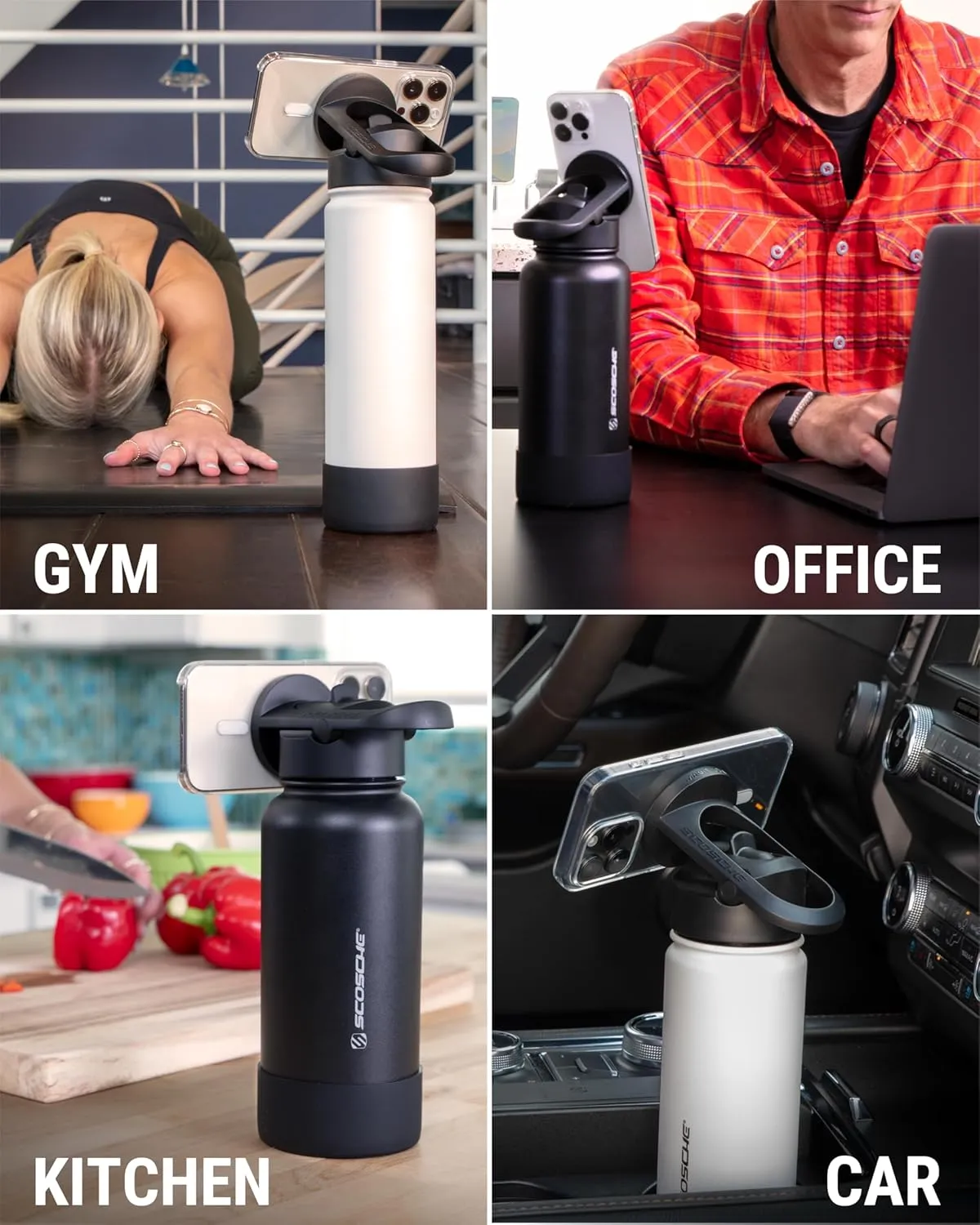 Scosche MFMS32 MagicMount Flask 32 oz Stainless Steel Water Bottle with MagSafe Phone Mount Stand, 12H Hot & 24H Cold, Insulated Flask with Magnetic Phone Holder for Gym, Travel, Sports, 32oz White
