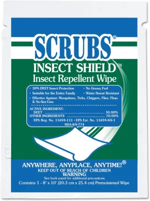Scrubs 91401 Insect Shield Insect Repellent Wipes, 8 x 10, White, 100/Carton
